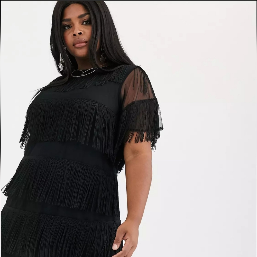 KNEW BLACK DRESS.Curve fringe shift t-shirt mini dress